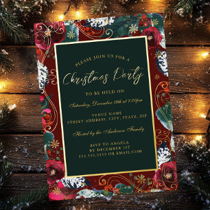 Invitación Con Relieve Metalizado Marco de Flor de Remolino Dorado Rojo Verde Fiesta