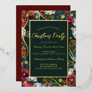 Invitación Con Relieve Metalizado Marco de Flor de Remolino Dorado Verde Rojo Fiesta