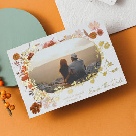 Invitación Con Relieve Metalizado Marco de Floral Moderno Foto para Guardar la Fecha