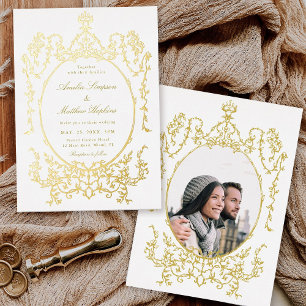 Invitación Con Relieve Metalizado Marco de foto de boda floral clásico victoriano do