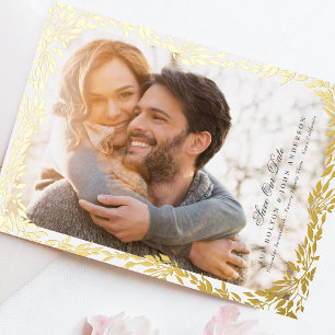 Invitación Con Relieve Metalizado Marco de Foto de Hoja de Oro Trenzado Save The Dat