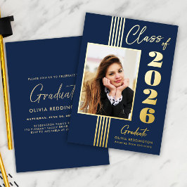 Invitación Con Relieve Metalizado Marco de foto de la fiesta de graduación 2026 Navy