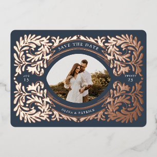 Invitación Con Relieve Metalizado Marco de Foto Regal Embellished Save The Date Azul