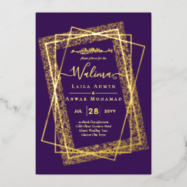 Invitación Con Relieve Metalizado Marco de GOLDFOIL Púrpura Walima Nikah Boda Islámi
