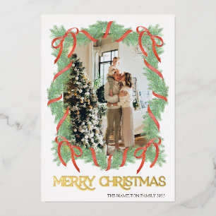 Invitación Con Relieve Metalizado Marco de guirnalda de Navidad con lazo dorado para