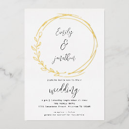 Invitación Con Relieve Metalizado Marco de hoja de laurel con letra Artsy para boda