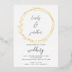 Invitación Con Relieve Metalizado Marco de hoja de laurel con letra Artsy para boda