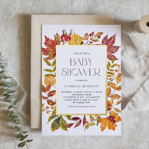 Invitación Con Relieve Metalizado Marco de Hojas de Otoño en Acuarela Baño de Bebé d