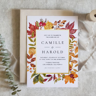 Invitación Con Relieve Metalizado Marco de Hojas de Otoño en Acuarela para Boda de O