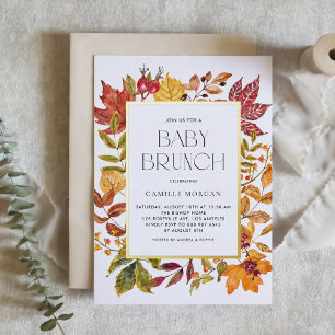 Invitación Con Relieve Metalizado Marco de Hojas de Otoño en Acuarela para Brunch de