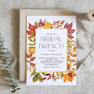 Invitación Con Relieve Metalizado Marco de Hojas de Otoño en Acuarela para Brunch Nu