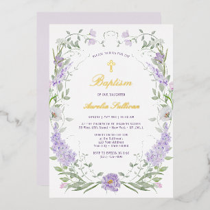 Invitación Con Relieve Metalizado Marco de Lila Lavanda Floral Bautizo