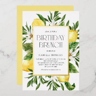Invitación Con Relieve Metalizado Marco de limón acuarela Botánico Cumpleaños Brunch