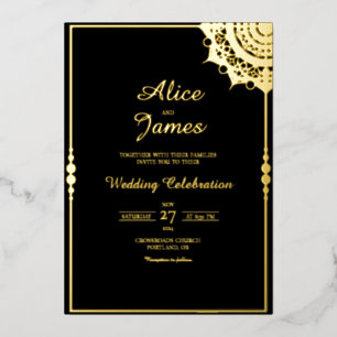 Invitación Con Relieve Metalizado Marco de Mandala Clásico Boda con Hoja de Oro Negr