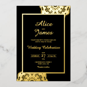 Invitación Con Relieve Metalizado Marco de Mandala Elegante Boda de Oro y Negro