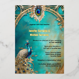 Invitación Con Relieve Metalizado Marco de moda lujosa de boda indio Peacock