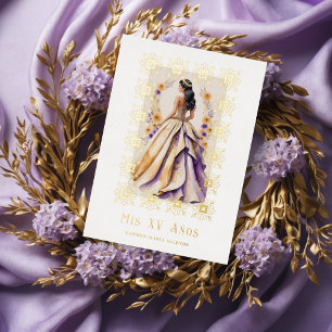 Invitación Con Relieve Metalizado Marco de Ornato de Oro Glam Quinceañera