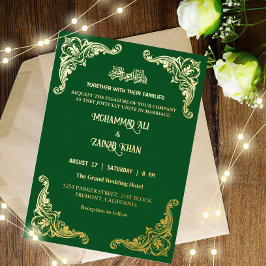 Invitación Con Relieve Metalizado Marco de oro antiguo Boda islámico verde esmeralda
