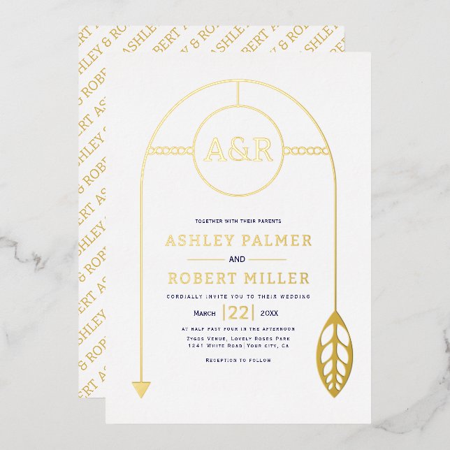 Invitación Con Relieve Metalizado Marco de oro con hoja e iniciales boda blanca (Anverso/Reverso)