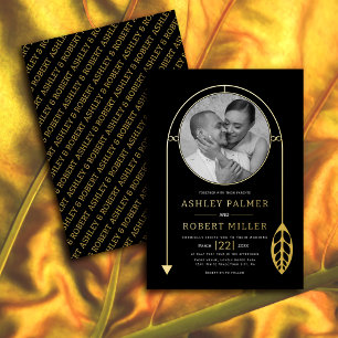 Invitación Con Relieve Metalizado Marco de oro con hoja y foto boda negro