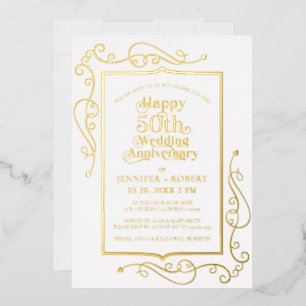 Invitación Con Relieve Metalizado Marco de Oro para Bodas de Oro