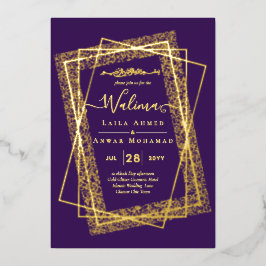 INVITACIÓN CON RELIEVE METALIZADO MARCO DE ORO PURPURA BODA ISLÁMICA DE NIKAH WALIMA