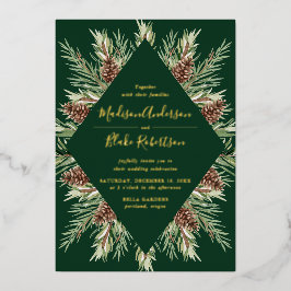 Invitación Con Relieve Metalizado Marco de Piña de Acuarela de Invierno Boda
