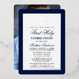 Invitación Con Relieve Metalizado Marco de plata para foto de Primera Comunión azul