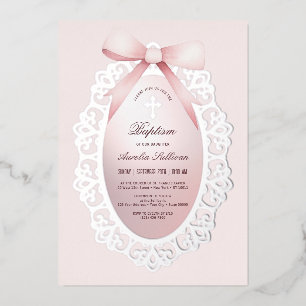 Invitación Con Relieve Metalizado Marco de plata vintage lazo rosa Bautizo