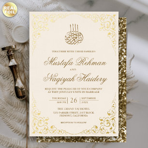 Invitación Con Relieve Metalizado Marco de remolino rústico crema y dorado para boda