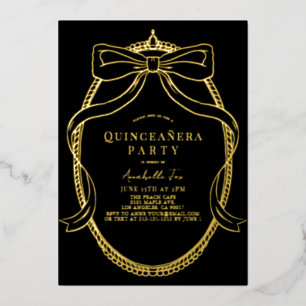 Invitación Con Relieve Metalizado Marco de Tiara con Lazo Dorado para Quinceañera Ne