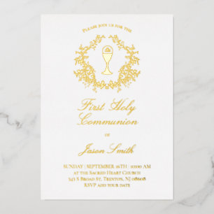 Invitación Con Relieve Metalizado marco de vegetación elegante Primera Comunión