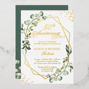 Invitación Con Relieve Metalizado Marco dorado Eucalyptus deja aniversario Boda
