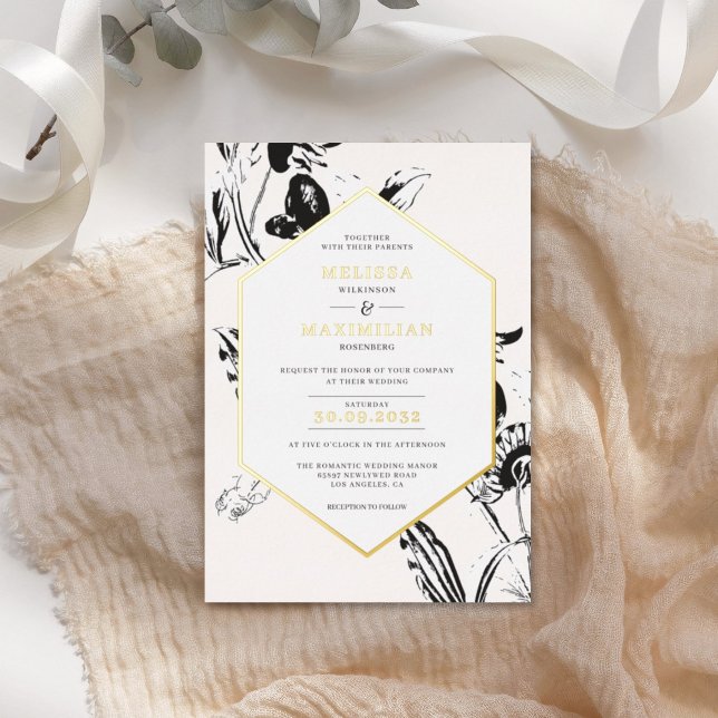 Invitación Con Relieve Metalizado Marco dorado floral blanco y negro (Subido por el creador)