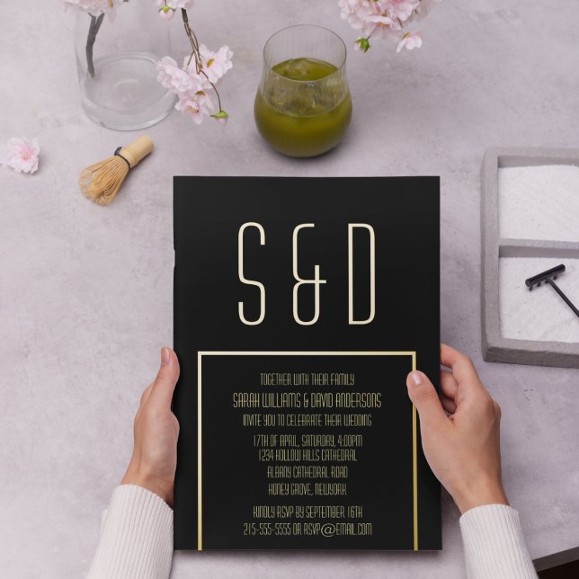 Invitación Con Relieve Metalizado Marco dorado mínimo Elegante Boda negro (Subido por el creador)