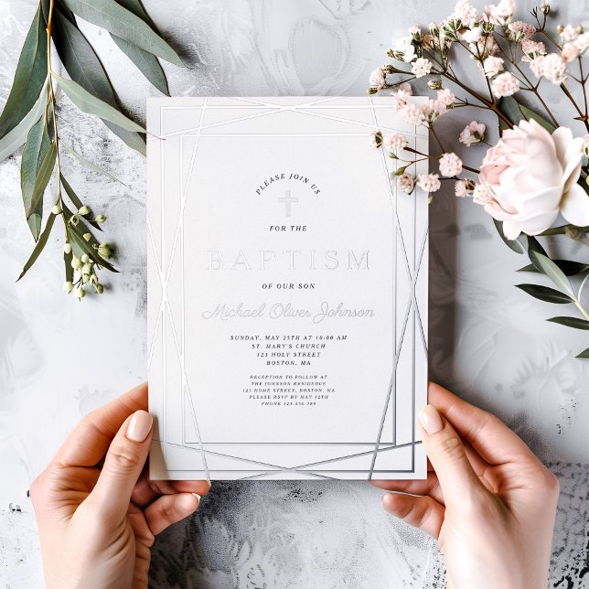 Invitación Con Relieve Metalizado Marco elegante Dusty Blue Boy Baptism Silver (Elegant Frame Dusty Blue Boy Baptism Silver Foil Invitation)