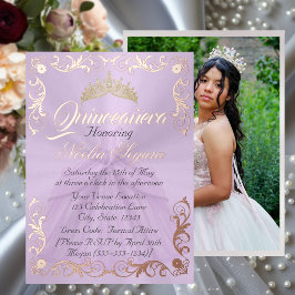 Invitación Con Relieve Metalizado Marco elegante y foto en Quinceañera de lavanda