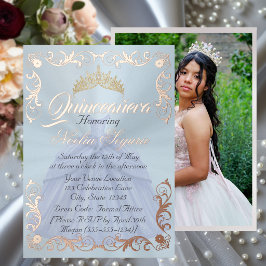 Invitación Con Relieve Metalizado Marco Elegante y Foto sobre Quinceañera Azul Paste