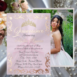 Invitación Con Relieve Metalizado Marco Elegante y Foto sobre Quinceañera de Rosa Pa