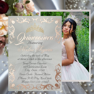 Invitación Con Relieve Metalizado Marco Elegante y Foto sobre Quinceañera Verde Past
