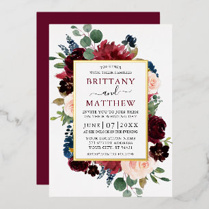 Invitación Con Relieve Metalizado Marco Floral Acuarela Boda Borgoña Dorado