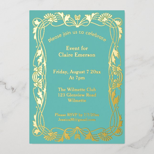 Invitación Con Relieve Metalizado Marco floral Art Nouveau (Anverso)