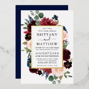 Invitación Con Relieve Metalizado Marco floral de acuarela boda azul oro