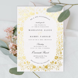 Invitación Con Relieve Metalizado Marco floral de flores diminutas pintadas a mano B