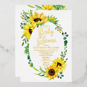 Invitación Con Relieve Metalizado Marco floral de girasoles y eucalipto para baby sh