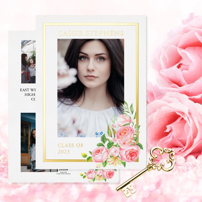 Invitación Con Relieve Metalizado Marco floral de rosa 4 Collage de fotos Graduación (Subido por el creador)
