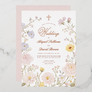 Invitación Con Relieve Metalizado Marco Floral Delicado Boda Religiosa