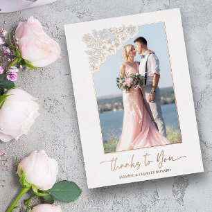 Invitación Con Relieve Metalizado Marco floral dorado real 2 fotos gracias cita