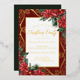 Invitación Con Relieve Metalizado Marco Floral Festivo Rojo Dorado Fiesta de Navidad