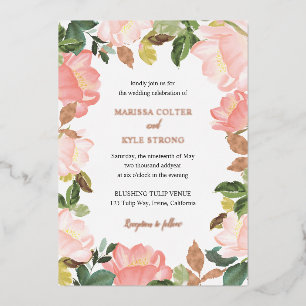 Invitación Con Relieve Metalizado Marco Floral Rosa Elegante Boda